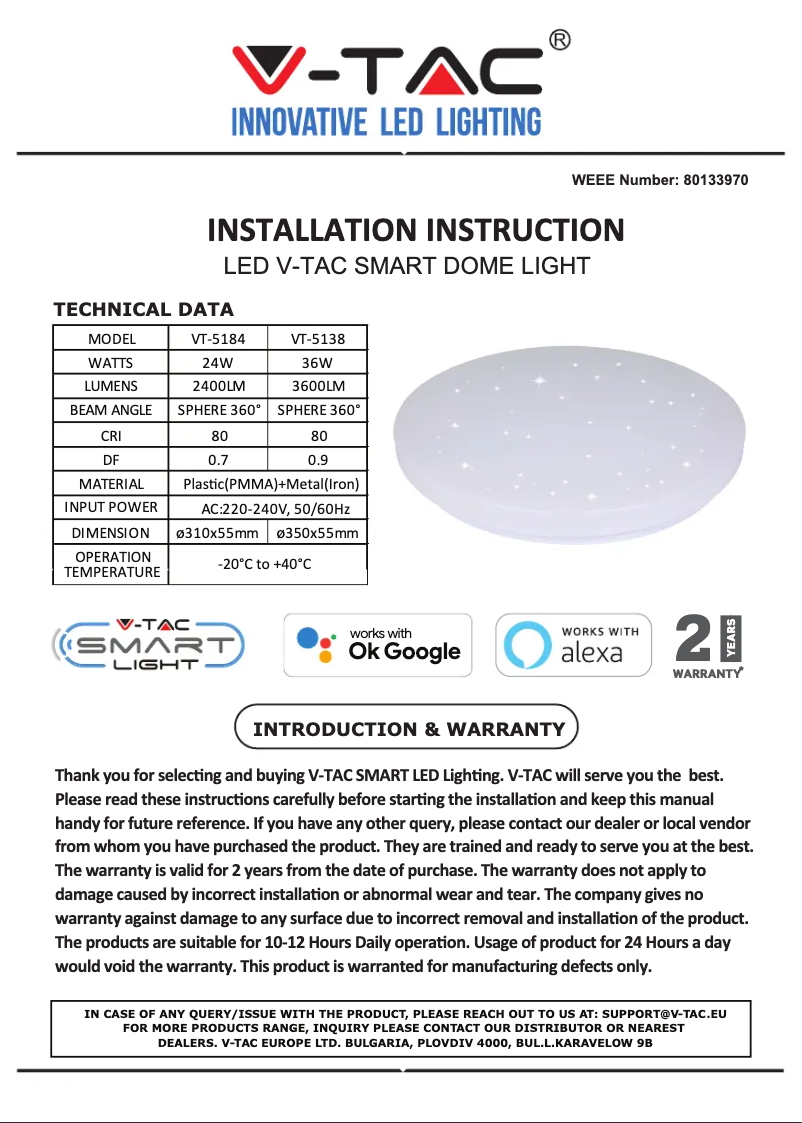Page 1 de la notice Manuel utilisateur V-TAC VT-5184