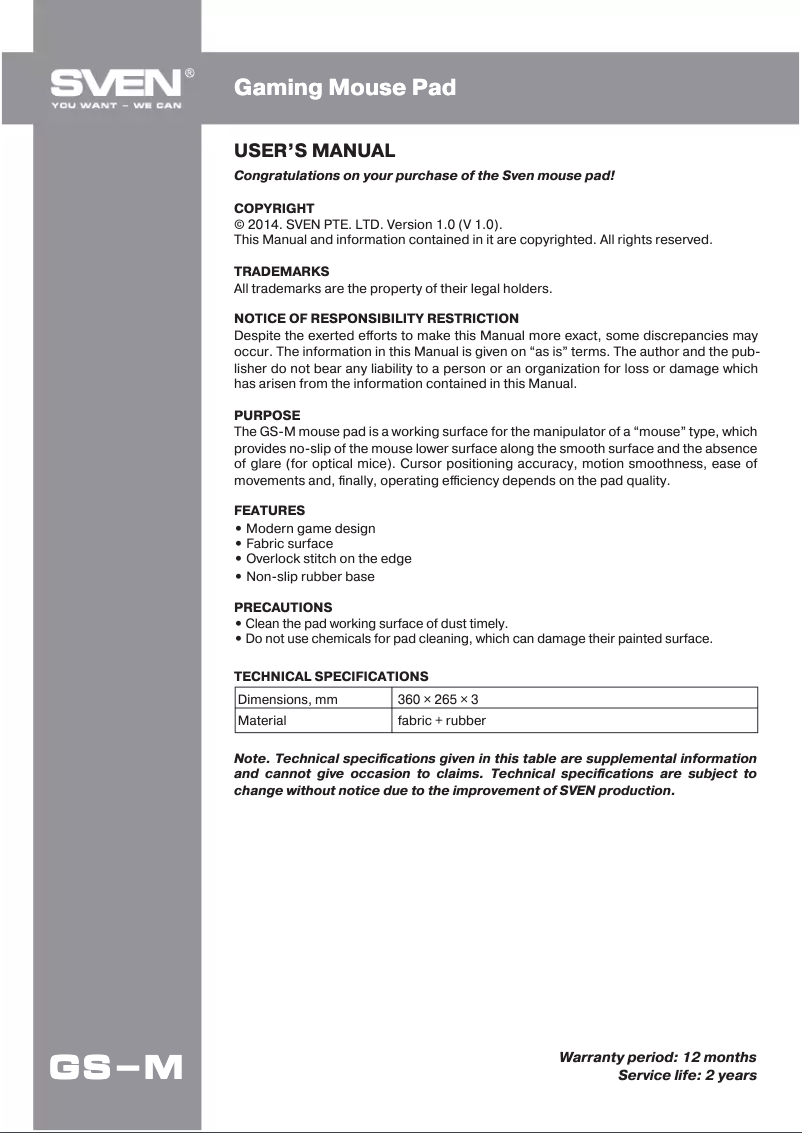 Page n°1 - Manuel utilisateur Sven GS-M