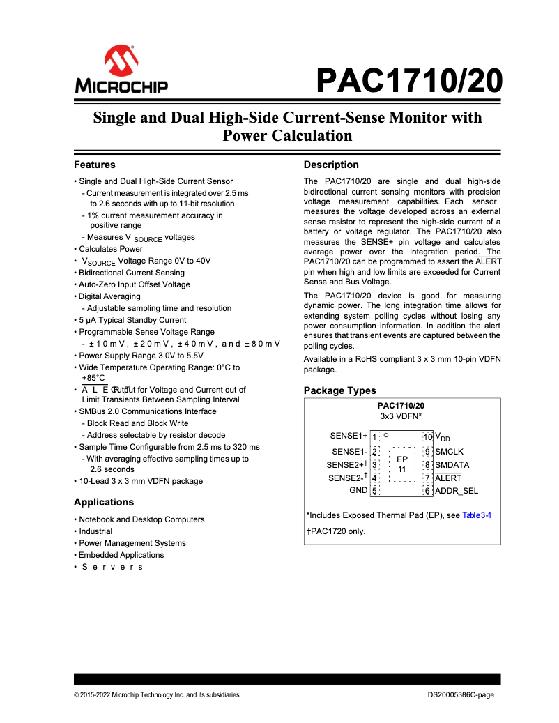 Página 1 del manual Ficha técnica Microchip PAC1710