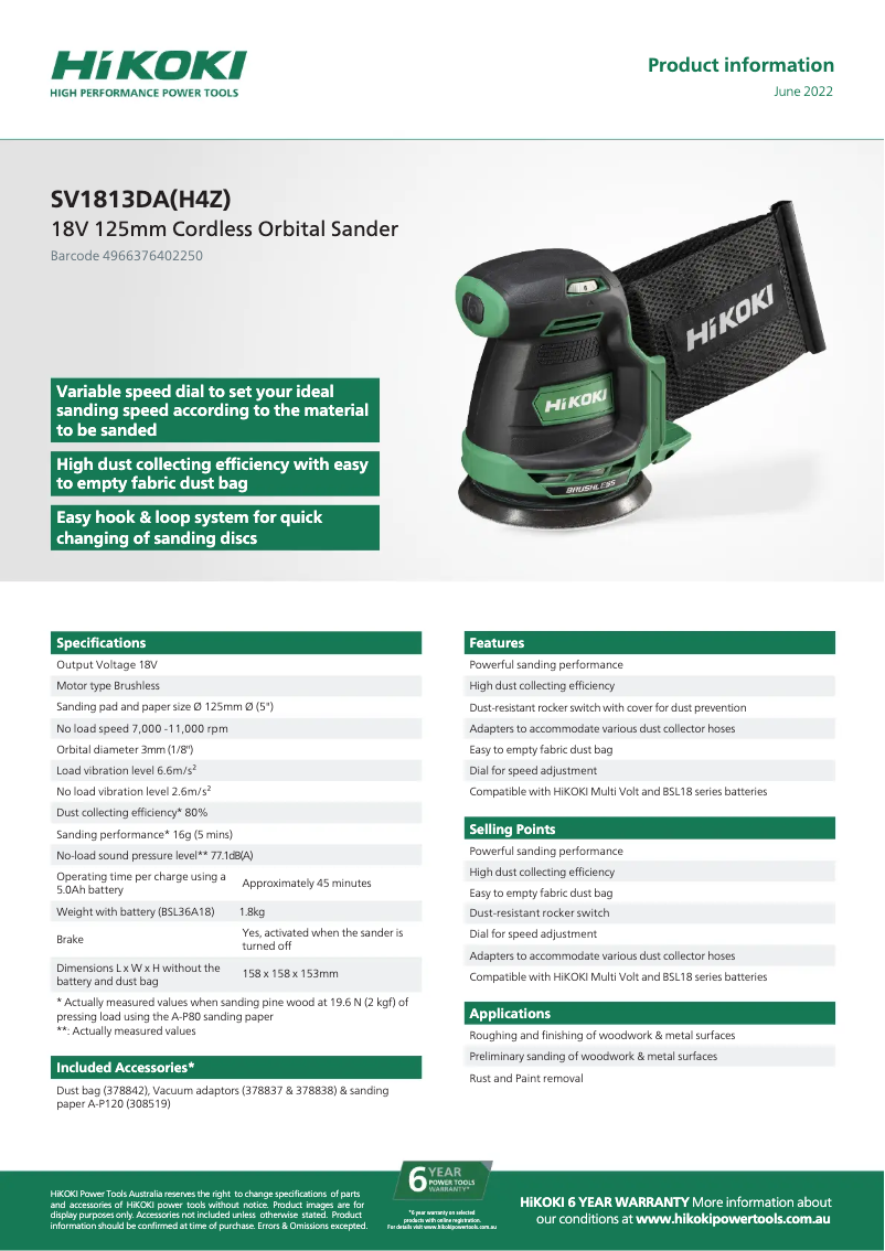 Page n°1 - Fiche technique HiKOKI SV 1813DA
