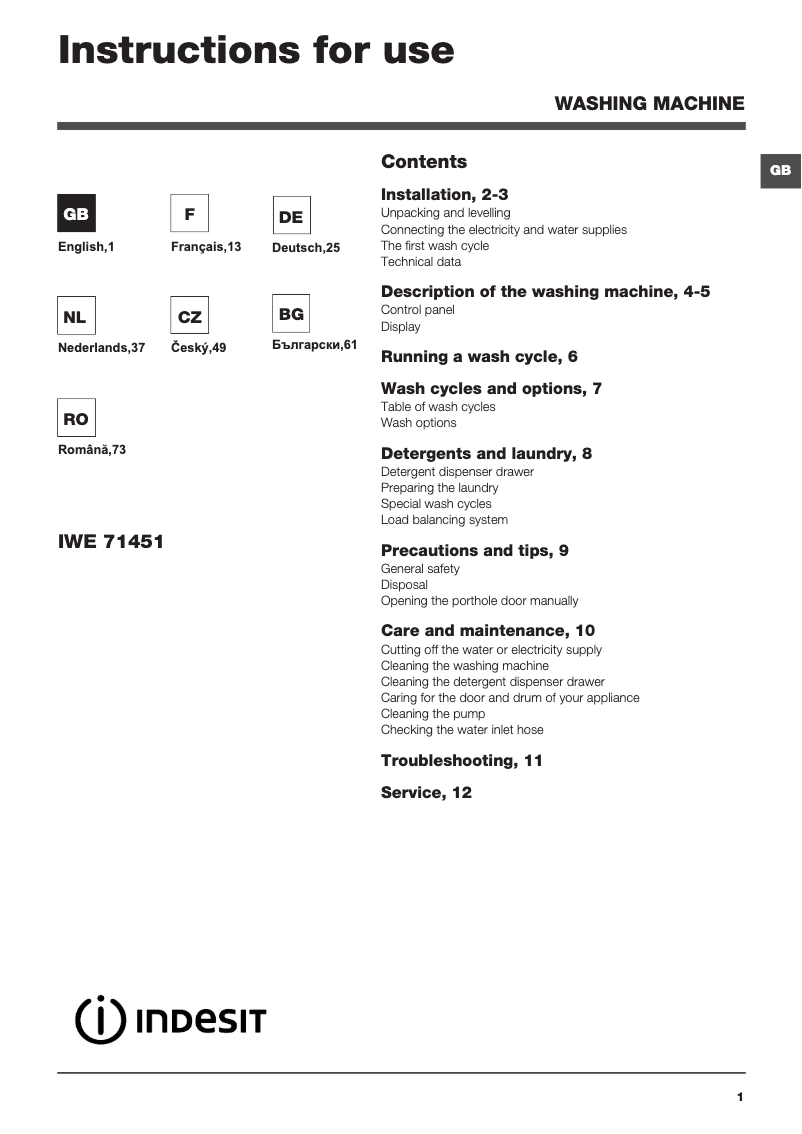 Page 1 de la notice Manuel utilisateur Indesit IWE 71451