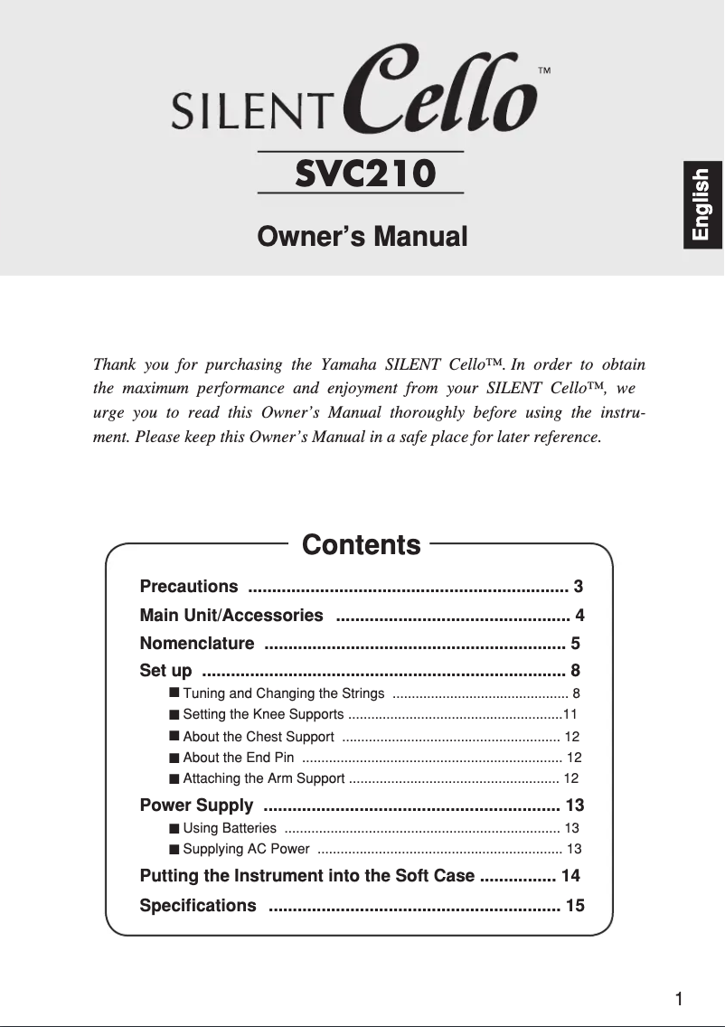 Page 1 de la notice Manuel utilisateur Yamaha Silent Cello SVC210