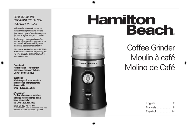 Page 1 de la notice Manuel utilisateur Hamilton Beach Custom Grind 80393R
