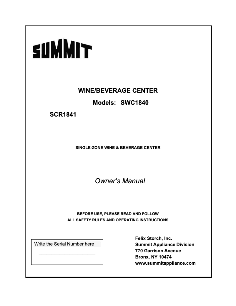 Page 1 de la notice Manuel utilisateur Summit SCR1841
