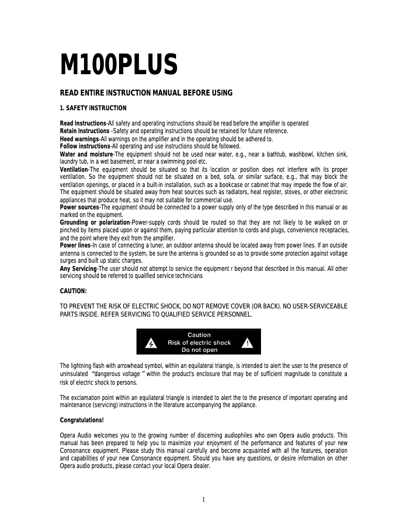 Page n°1 - Manuel utilisateur Opera-Consonance M100 Plus