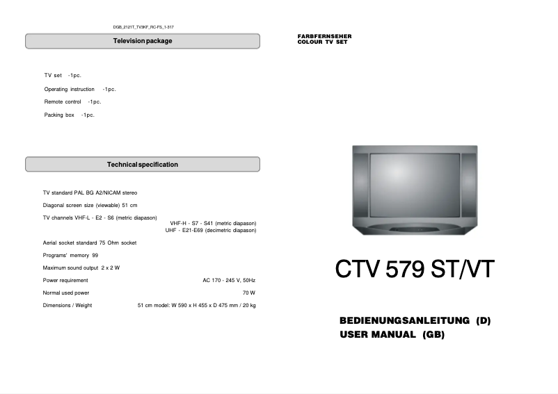 Page 1 de la notice Manuel utilisateur Clatronic CTV 579 VT