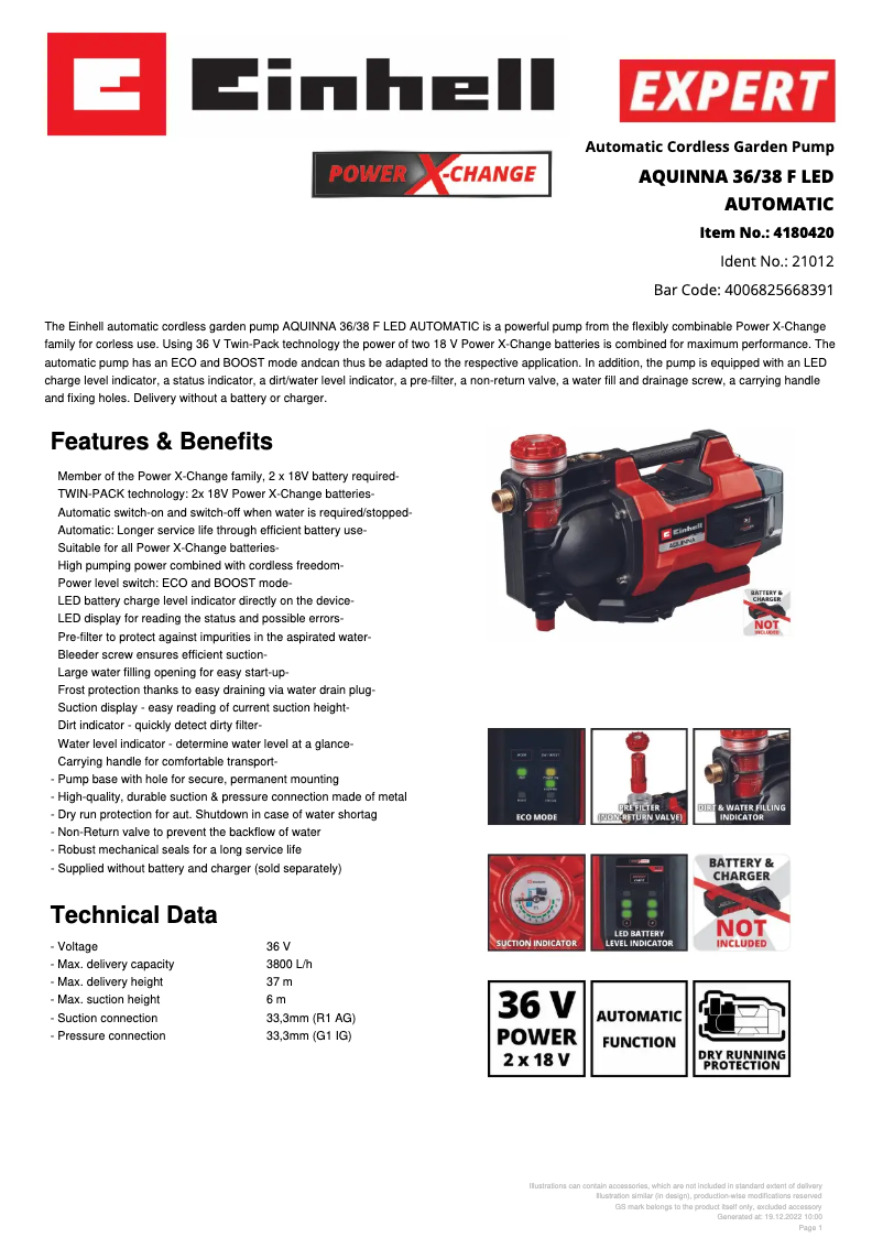 Page n°1 - Fiche technique Einhell AQUINNA 36/38 F LED