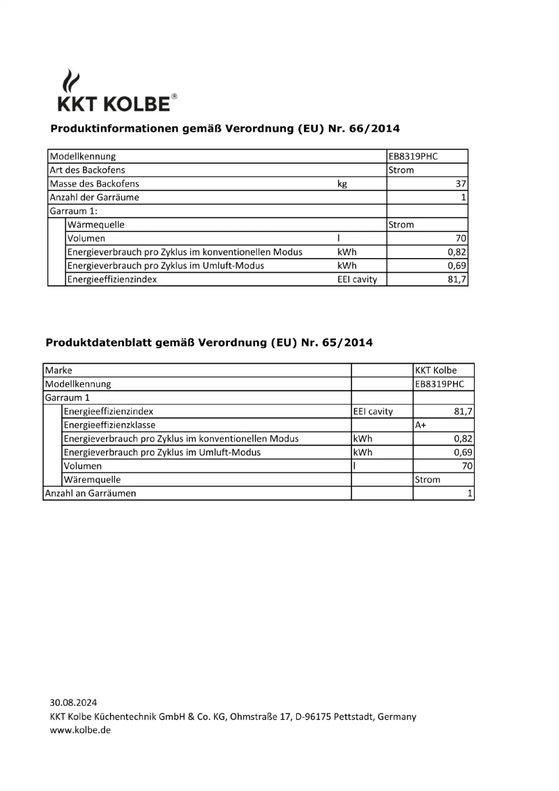 Page 1 de la notice Fiche technique KKT Kolbe EB8319PHC