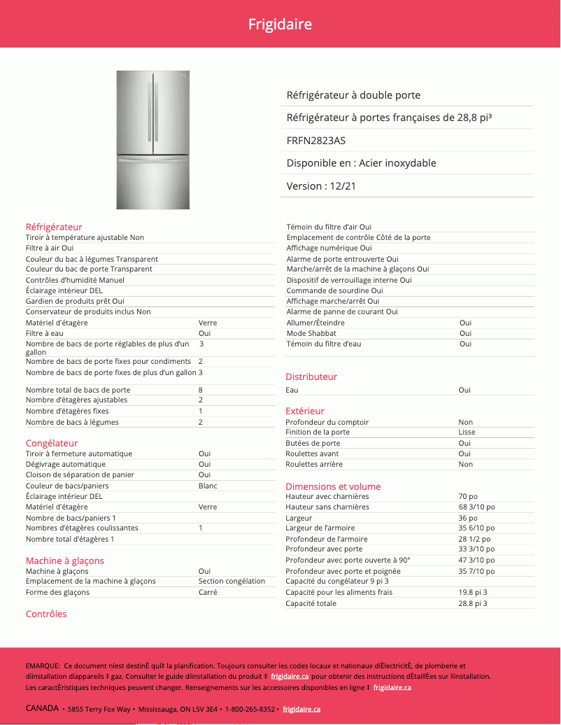 Página 1 del manual Ficha técnica Frigidaire FRFN2823AS