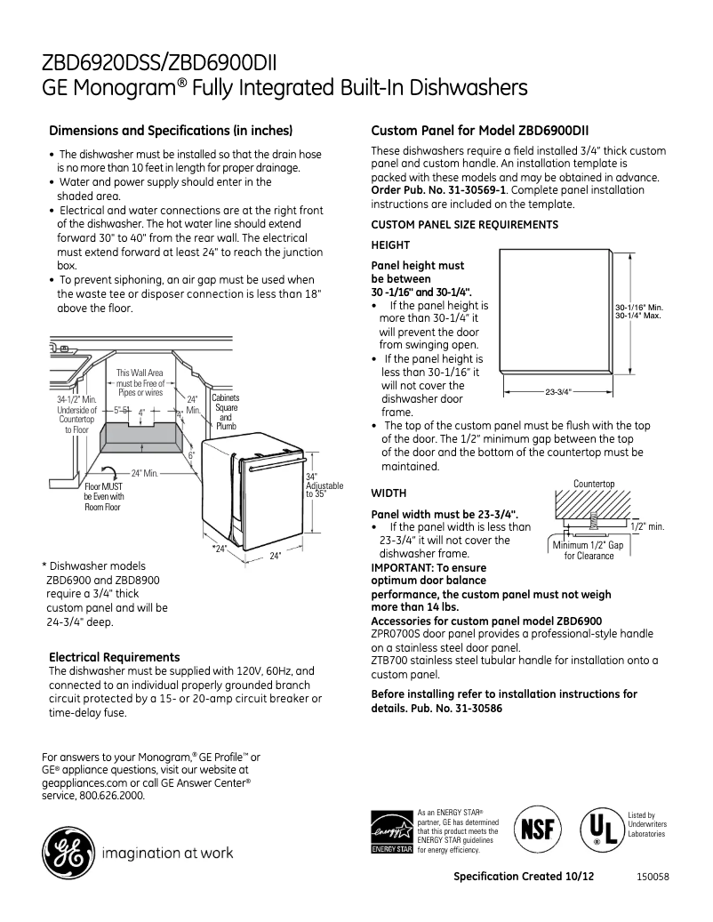 Page 1 de la notice Fiche technique GE ZBD6920DSS