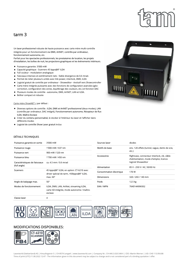 Page n°1 - Fiche technique Laserworld Tarm 3