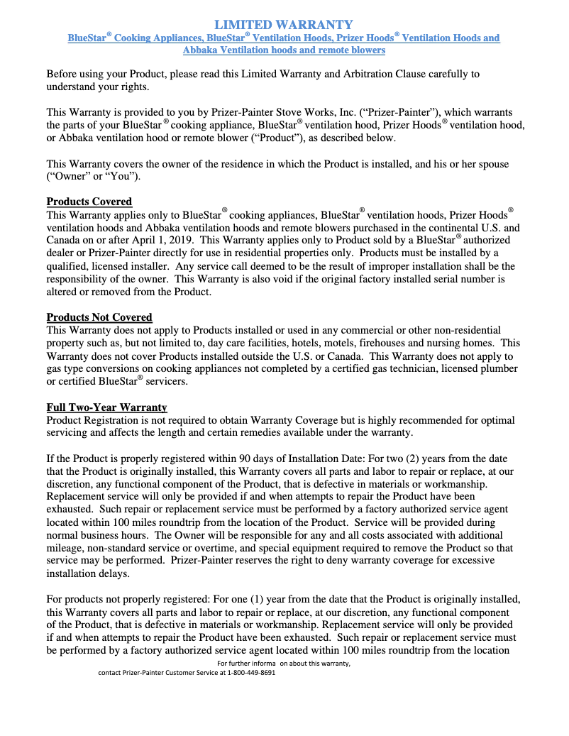 Page 1 de la notice Informations de garantie BlueStar PRZSAL24V2