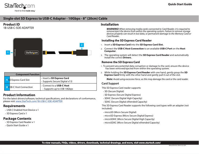 Page 1 de la notice Manuel utilisateur StarTech.com 1B-USB-C-SDE-ADAPTER