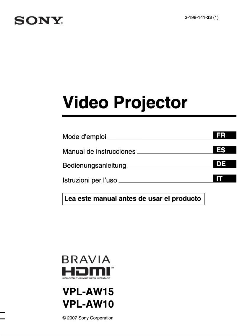 Page n°1 - Manuel utilisateur Sony VPL-AW15