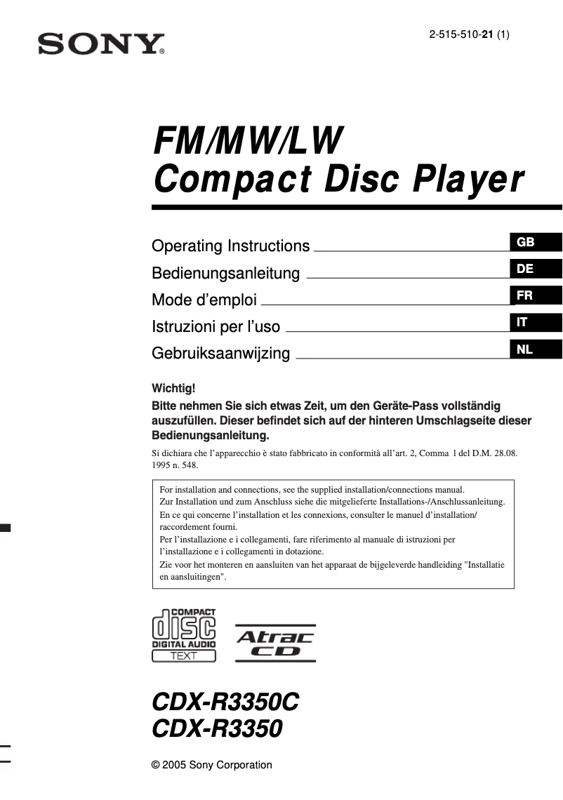 Page n°1 - Mode d'emploi Sony CDX-R3350C
