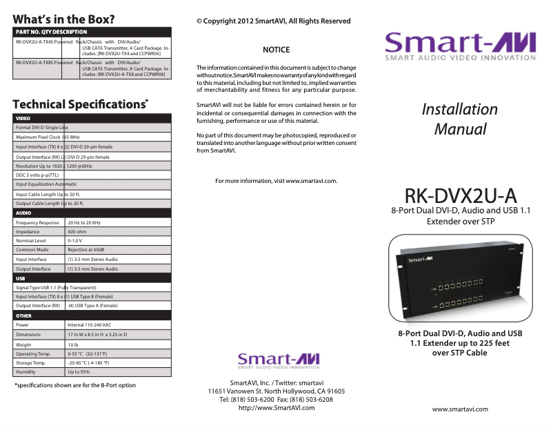 Page 1 de la notice Manuel utilisateur Smart-AVI RK-DVX2U-A-RX4S