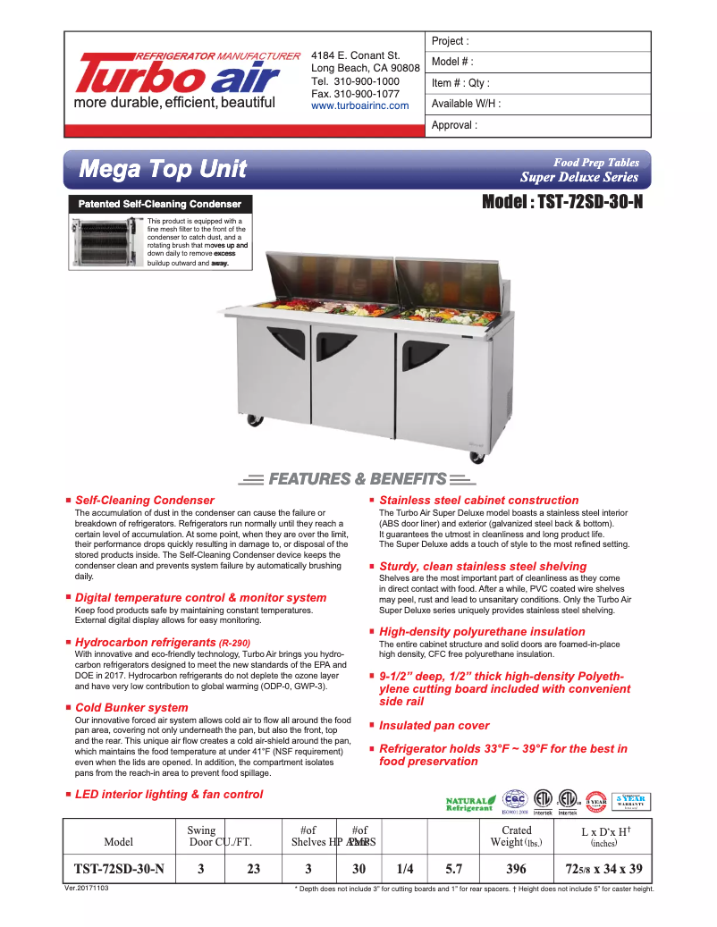 Page 1 de la notice Fiche technique Turbo air TST-72SD-30