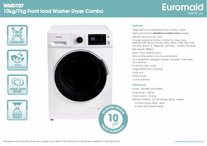 Page 1 de la notice Fiche technique Euromaid WMD107