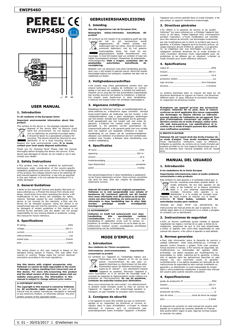 Page 1 de la notice Manuel utilisateur Perel EWIP54SO