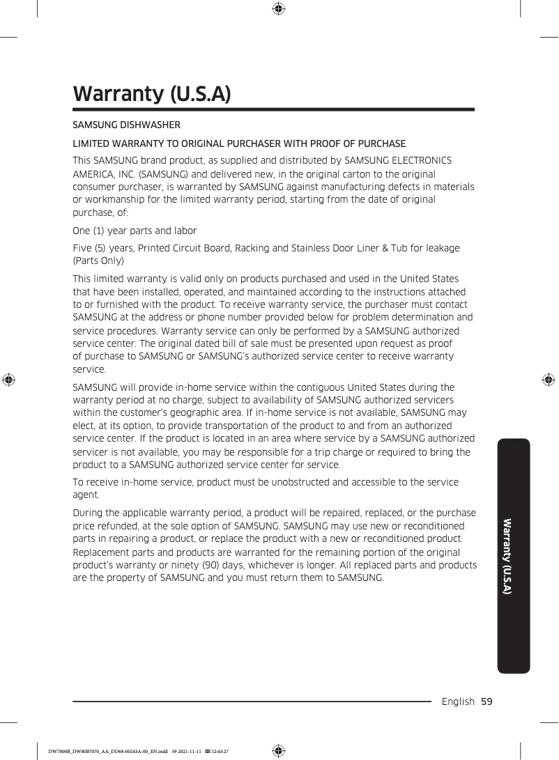 Page 1 de la notice Informations de garantie Samsung DW80B7070US