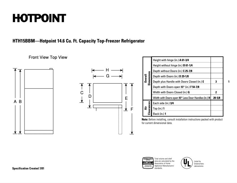 Page 1 de la notice Fiche technique Hotpoint HTH15BBMLCC