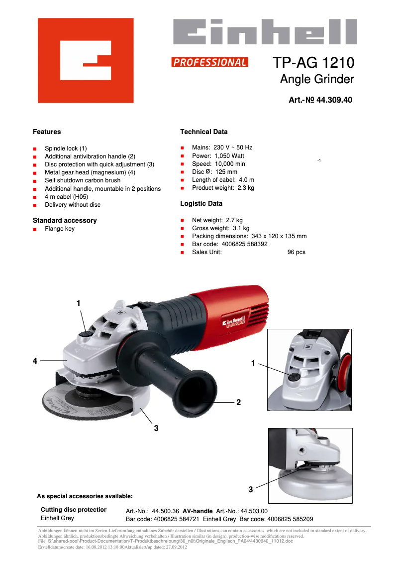 Page 1 de la notice Fiche technique Einhell TP-AG 1210