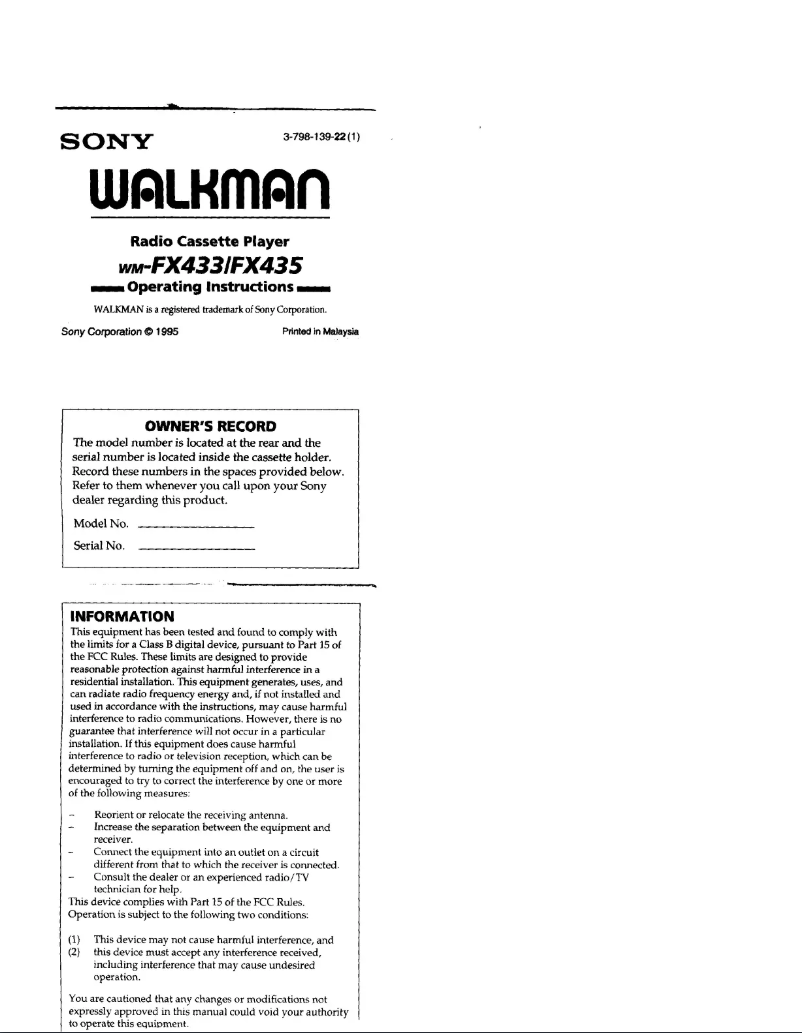 Image de la première page du manuel de l'appareil Walkman WM-FX435