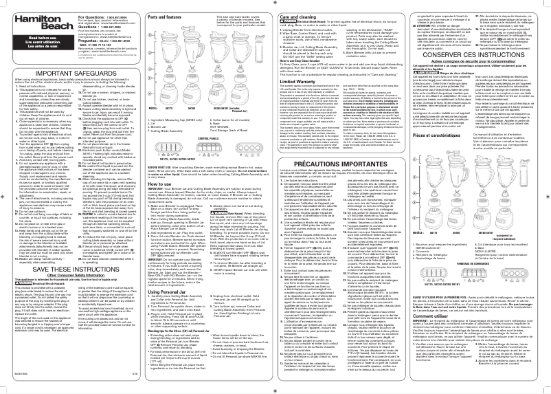 Page 1 de la notice Manuel utilisateur Hamilton Beach 58185