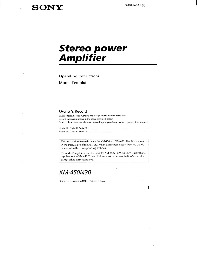 Page 1 de la notice Manuel utilisateur Sony XM-450