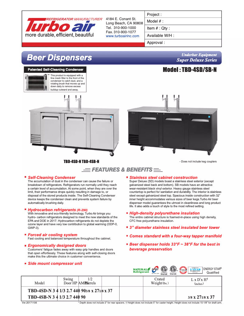Page 1 de la notice Fiche technique Turbo air TBD-4SD