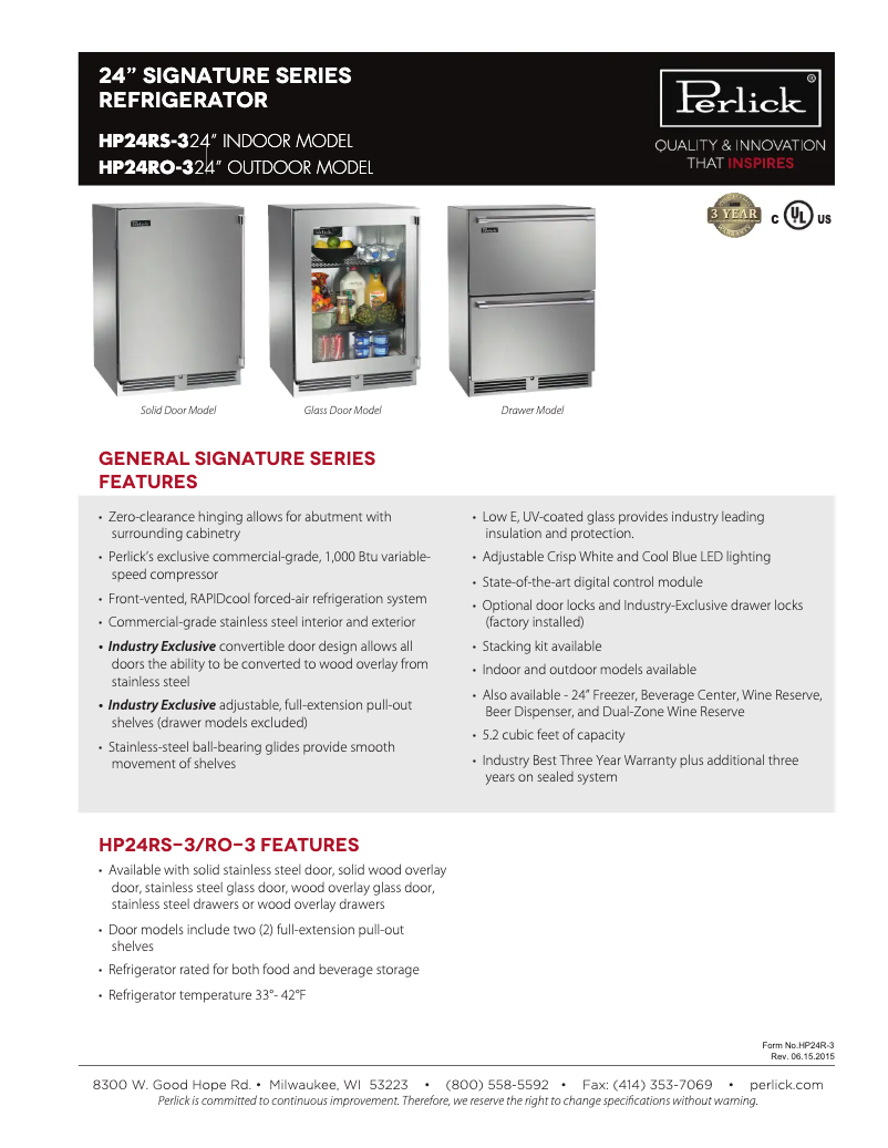 Page 1 de la notice Fiche technique Perlick HP24RS-3-1R