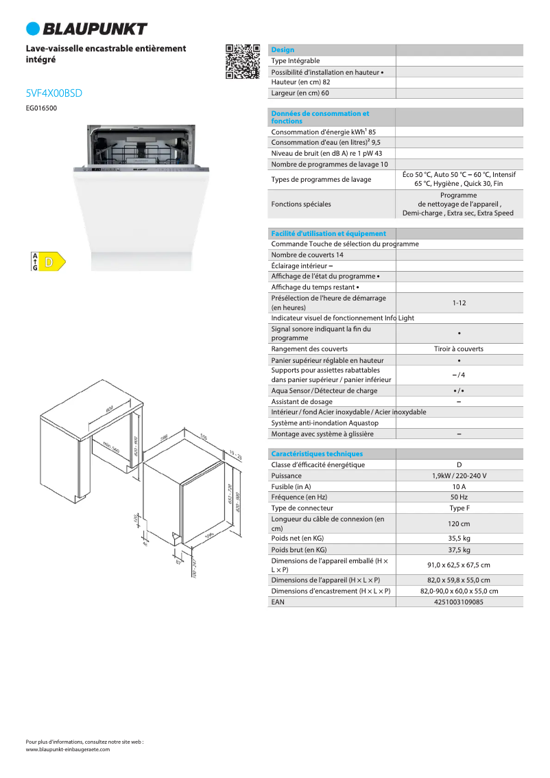 Page 1 de la notice Fiche technique Blaupunkt 5VF4X00BSD