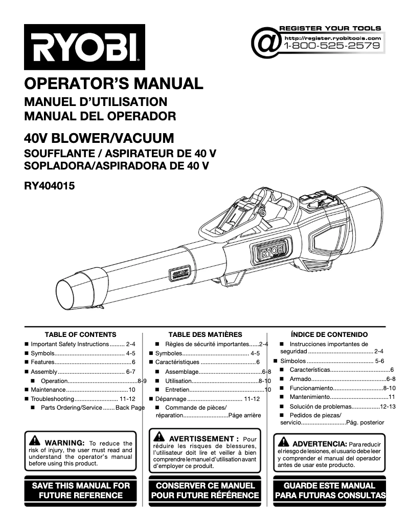 Page n°1 - Manuel utilisateur RYOBI RY404015