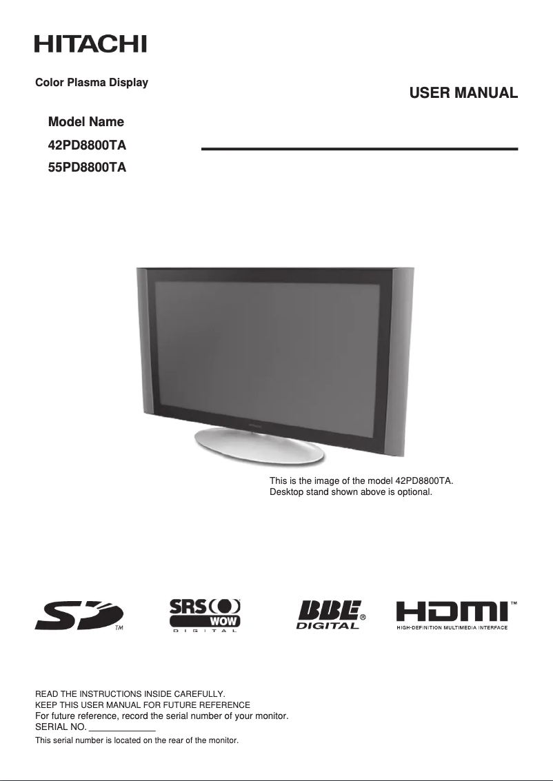 Page n°1 - Manuel utilisateur Hitachi 55PD8800