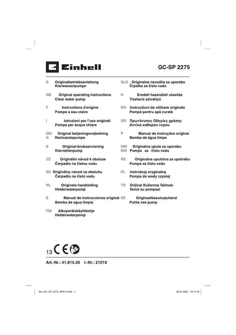 Page 1 de la notice Manuel utilisateur Einhell GC-SP 2275