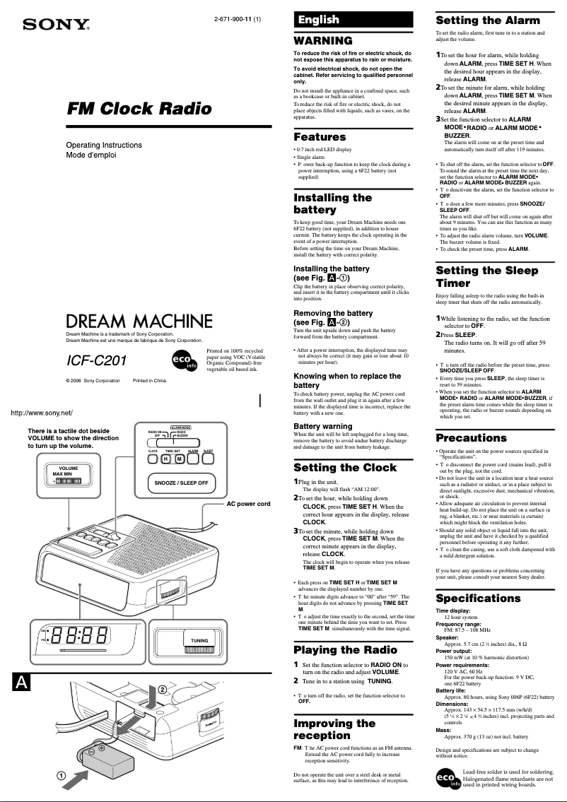 Image de la première page du manuel de l'appareil ICF-C201