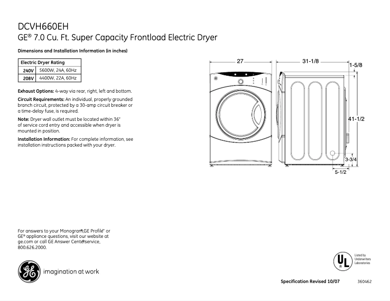 Page n°1 - Fiche technique GE DCVH660EHMS