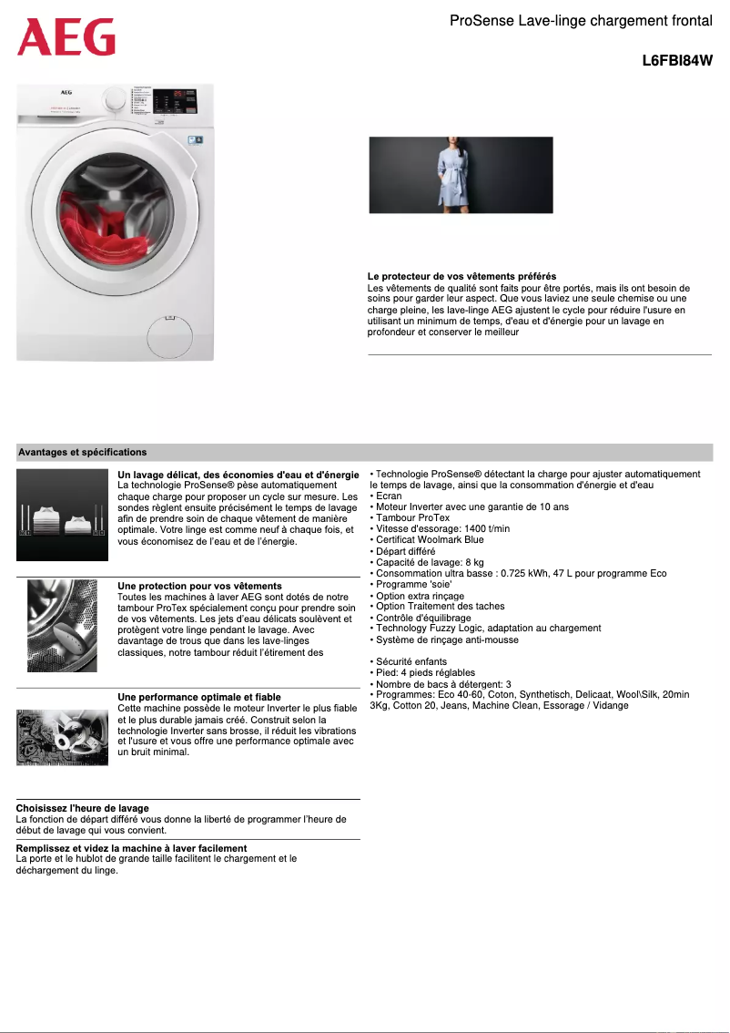 Page 1 de la notice Fiche technique AEG L6FBI84W