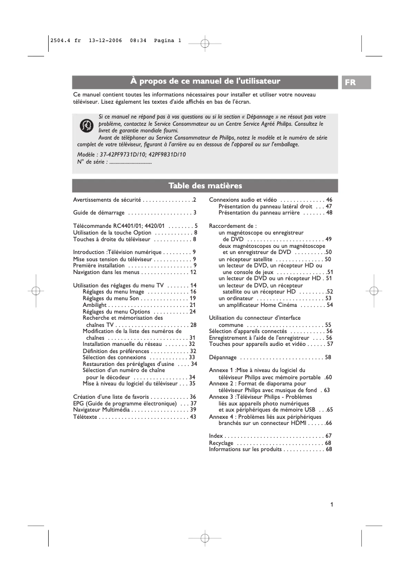 Page 1 de la notice Manuel utilisateur Philips 42PF9831D