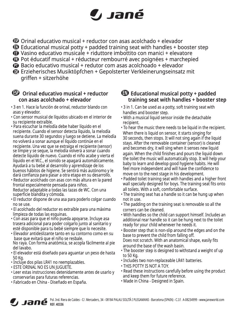 Page 1 de la notice Manuel utilisateur Jane Musical Potty