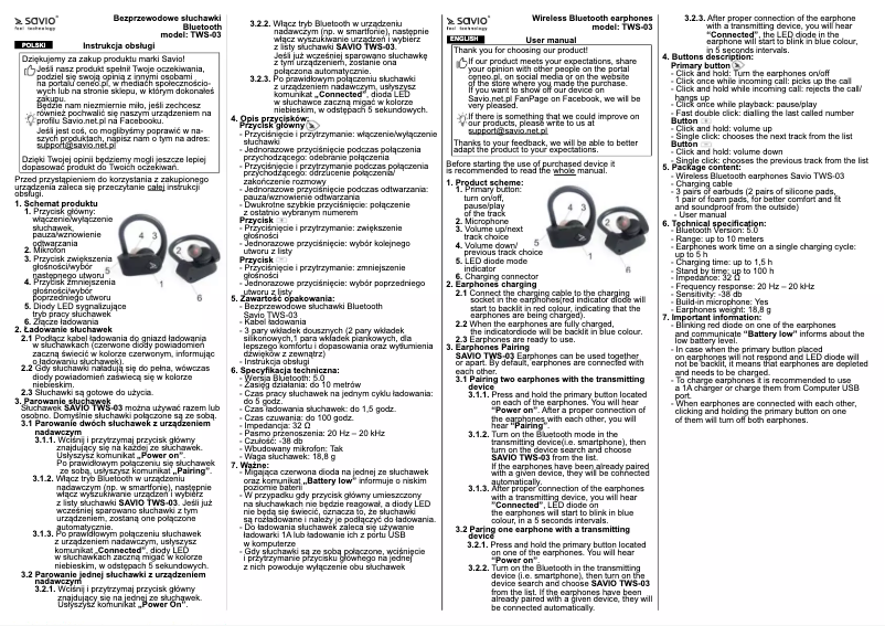 Page 1 de la notice Manuel utilisateur Savio TWS-03