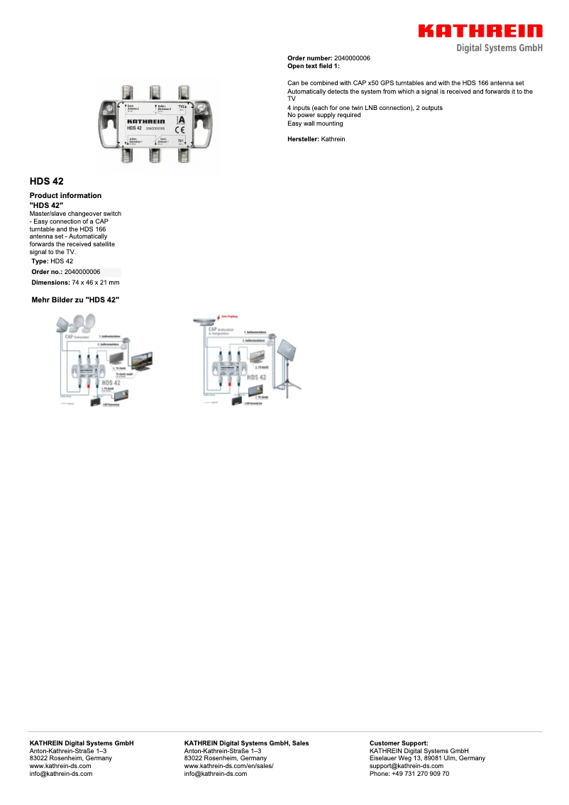 Page 1 de la notice Fiche technique Kathrein HDS 42