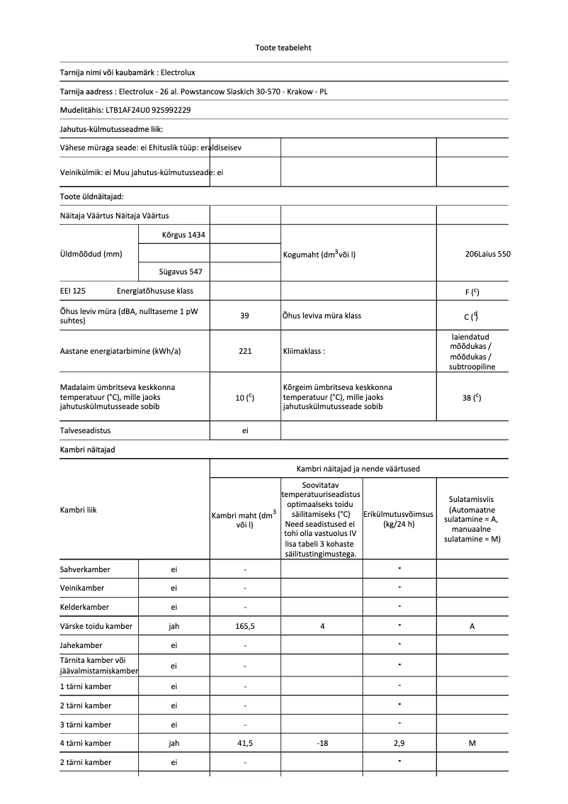 Page n°1 - Fiche technique Electrolux LTB1AF24U0