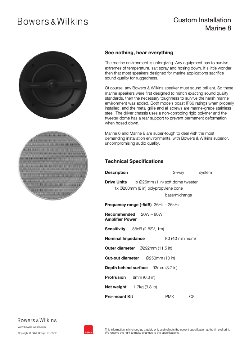 Página 1 del manual Ficha técnica Bowers & Wilkins Marine 8