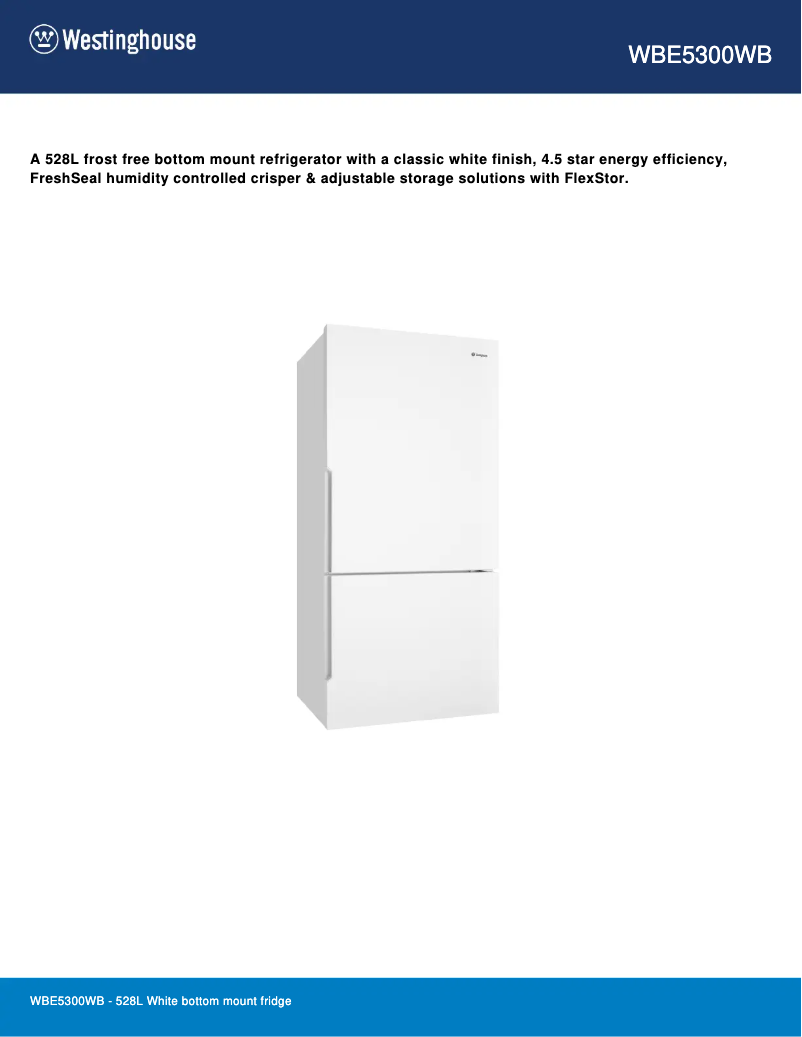 Page 1 de la notice Fiche technique Westinghouse WBE5300WB