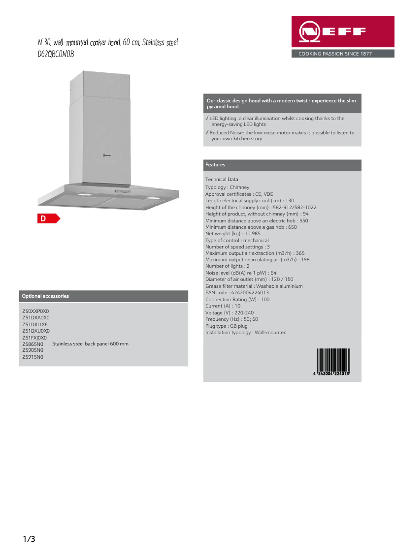 Page 1 de la notice Fiche technique Neff D62QBC0N0B