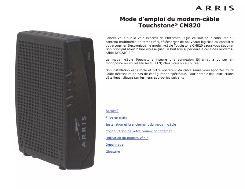 Image de la première page du manuel de l'appareil Touchstone CM820