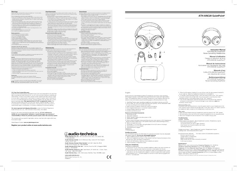 Page 1 de la notice Manuel utilisateur Audio-Technica ATH-ANC29