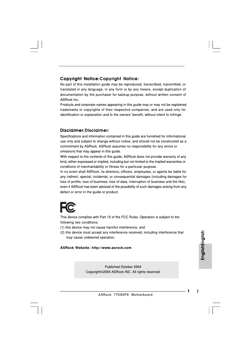 Page n°1 - Manuel utilisateur Asrock 775i65PE