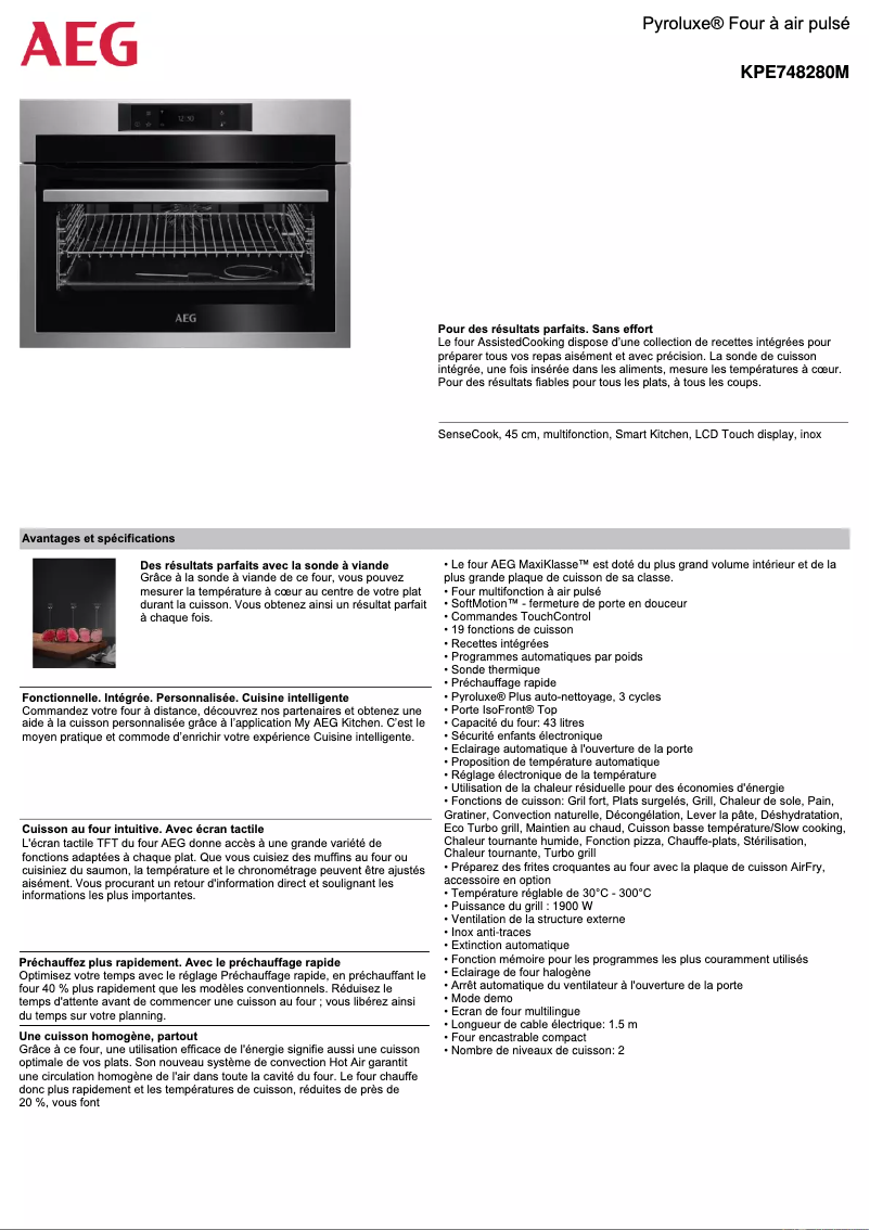 Page 1 de la notice Fiche technique AEG KPE748280M